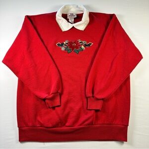 Vintage Top Stitch Poinsettia Sweatshirt Womens XL Embroidered Collared